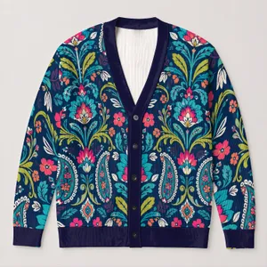 Vibrant Floral Folk Motifs for Spring Layering and Casual Family Gatherings Outdoors All-over Print Knitted Cardigan