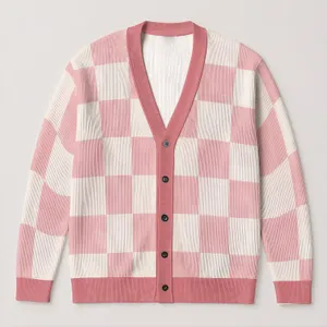 Blush Pink Gingham Checks for Everyday Layering and Workwear Style for Modern Women All-over Print Knitted Cardigan