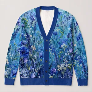Blue Wildflower Meadow Blooms for Vacation Dates and Relaxed Autumn Layering Style All-over Print Knitted Cardigan