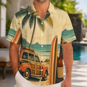 Vintage Surf Van Beach Scene for Summer Getaways and Coastal Road Trips Outdoors Hawaiian Shirt