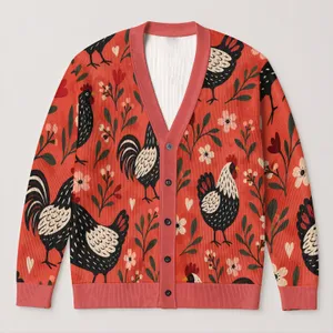 Whimsical Rooster And Hen Garden Scene For Farmhouse Weekends And Casual Layering All-over Print Knitted Cardigan