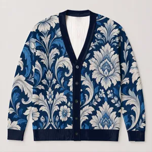Navy Blue Floral Damask Motif for Everyday Layering and Office-to-Weekend Women's Style All-over Print Knitted Cardigan