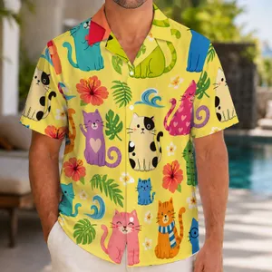 Colorful Heart-Holding Cat Crowd for Beach Holidays and Playful Weekend Streetwear Hawaiian Shirt