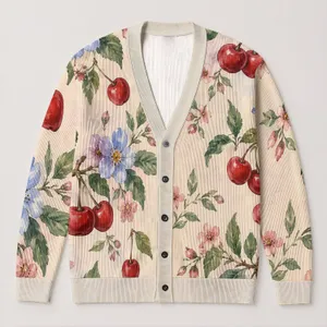 Watercolor Cherries And Blossoms For Autumn Vacations, Dates, And Everyday Style All-over Print Knitted Cardigan