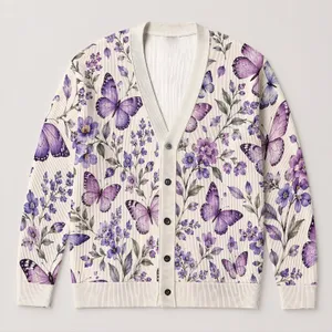 Purple Butterfly Floral Elegance for Spring Layering, Romantic Everyday Style for Women and Gifts All-over Print Knitted Cardigan