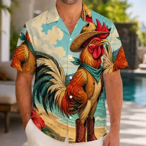 Cowboy Rooster Beach Scene for Summer Parties and Vacations, Men Women and Youth Hawaiian Shirt