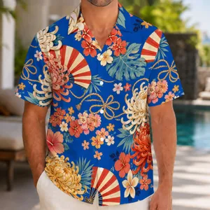 Cobalt Chrysanthemum Garden with Fans for Resort Weekends and Island Getaway Escapes Hawaiian Shirt