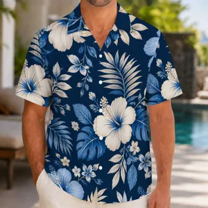 Navy Tropical Foliage Couple Set for Beach Vacations and Honeymoon Island Getaways Hawaiian Shirt