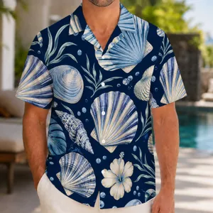 Navy Seashell Family Beach Vacation Matching Outfits for Tropical Coastal Getaways Hawaiian Shirt
