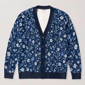 Navy Blue Wildflower Motif for Relaxed Vacation Layers and Everyday Women's Style All-over Print Knitted Cardigan