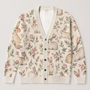 Rabbit Floral Garden Motif For Relaxed Bohemian Layering And Everyday Spring Style All-over Print Knitted Cardigan