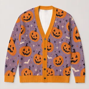 Retro Pumpkin Bats And Stars For Halloween Gatherings And Autumn Layering Women All-over Print Knitted Cardigan