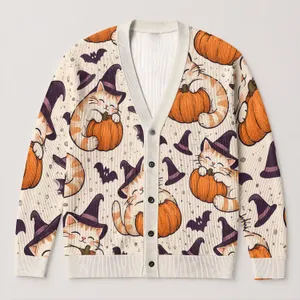 Whimsical Cat Hugging Pumpkin Halloween Cozy Autumn Gift For Cat Lovers Women All-over Print Knitted Cardigan
