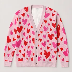 Red And Pink Hearts For Romantic Getaways And Everyday Layering, Plus Size Women All-over Print Knitted Cardigan