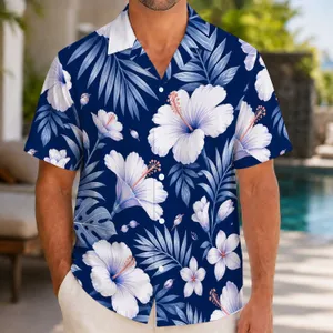 Navy Hibiscus Tropical Blooms for Beach Vacations and Resort Getaways for Couples Hawaiian Shirt