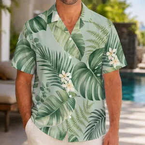 Tropical Green Leaf Matching Couple Vacation Outfit for Beach Resort Getaways and Cruises Hawaiian Shirt