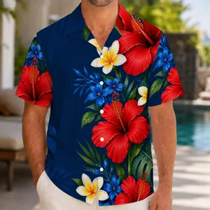 Blue Hibiscus and Plumeria Beach Blooms for Tropical Vacations and Resort Days for Men Hawaiian Shirt