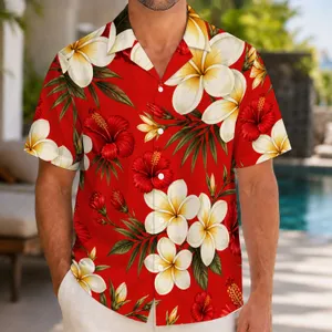 Red Plumeria Hibiscus Tropical Vacation Style for Men, Luau Parties and Island Getaways Hawaiian Shirt