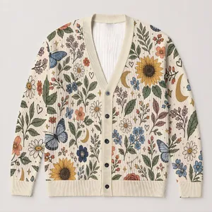 Floral Butterfly Moon Botanical Motifs For Autumn Layering In Casual Women's Style All-over Print Knitted Cardigan