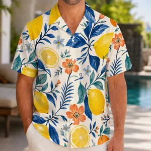 Vintage Sicilian Lemons and Blue Botanicals for Sunny Riviera Holidays for Men in Summer Hawaiian Shirt