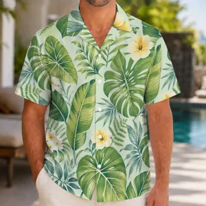 Green Tropical Leaf Family Vacation Outfit for Dad Mom and Kids Summer Island Getaway Hawaiian Shirt