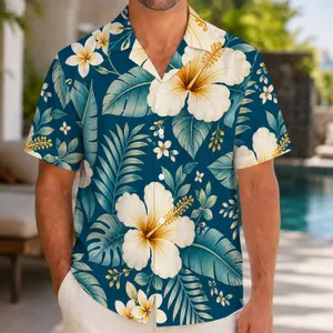 Blue Tropical White Flower Couple Vacation Outfit For Beach Honeymoons And Island Resorts Hawaiian Shirt