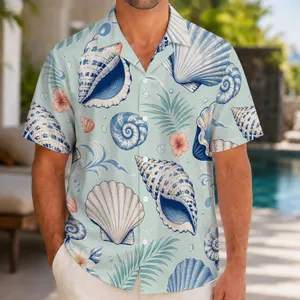 Navy Seashell Motifs For Tropical Beach Getaways And Matching Couple Vacation Style Hawaiian Shirt