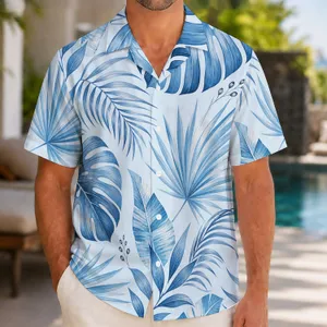 Blue Tropical Palm and Monstera Leaves for Resort Travel and Beach Vacation Style Hawaiian Shirt