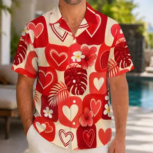 Red Heart Tropical Romance For Valentine's Getaways And Couples' Beach Vacation Days Hawaiian Shirt
