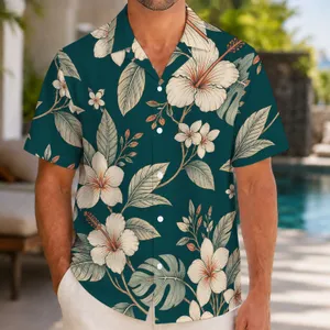 Teal Botanical Blossoms For Island Getaways And Resort Evenings, Men's Vacation Style Hawaiian Shirt