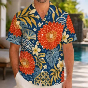 Blue Floral Resort Motifs with Geometric Waves for Vacation Style, Men’s Summer Layering Hawaiian Shirt