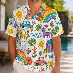 Rainbow Island Doodle Motifs for Sunny Vacation Days and Playful Weekend Outfits for Men Hawaiian Shirt