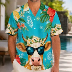 Cow Wearing Sunglasses Tropical Flowers for Beach Vacations and Summer Parties for Men Hawaiian Shirt