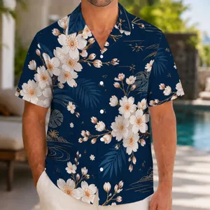 Navy Cherry Blossom Branches for Spring Resort Layering, Casual Men's Weekend Style Hawaiian Shirt