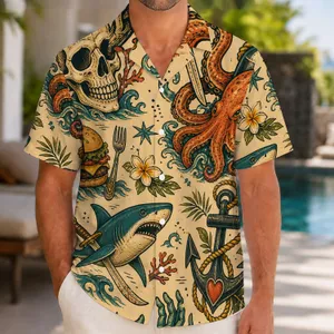 Retro Nautical Skull Shark Anchor Aloha Style for Beach Vacations and Summer Parties Hawaiian Shirt