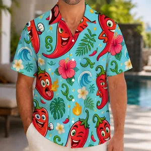 Bold Cartoon Chili Pepper Characters for Beach Holidays and Summer Parties for Men Hawaiian Shirt
