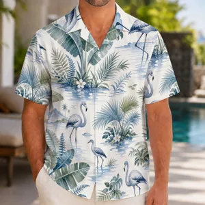 Blue Watercolor Flamingo Island Foliage for Resort Getaways and Coastal Weekend Style Hawaiian Shirt