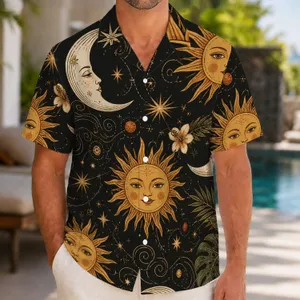 Celestial Sun Moon Star Motifs for Resort Nights, Summer Travel, and Vacation Wear Men Hawaiian Shirt