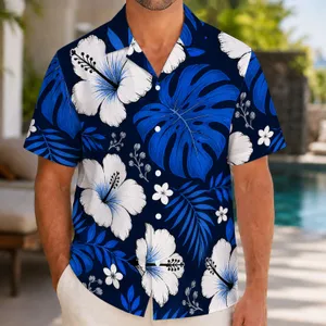 White Hibiscus and Cobalt Monstera for Tropical Beach Holidays and Resort Getaways for Men Hawaiian Shirt