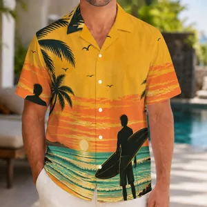 Surfing Sunset Palm Shore Scene for Beach Holidays, Island Trips, and Coastal Weekends Hawaiian Shirt