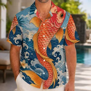 Japanese Koi Fish Ocean Waves for Beach Vacations and Resort Style Men's Summer Wear Hawaiian Shirt