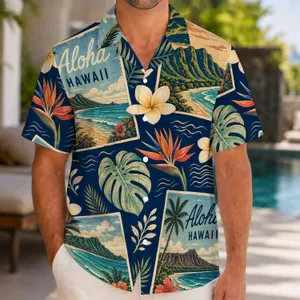 Tropical Island Postcards and Plumeria Leaves for Beach Travel and Summer Getaways Hawaiian Shirt