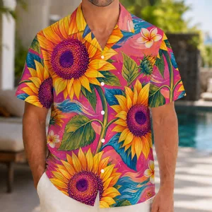 Colorful Sunflowers And Tropical Leaves For Island Vacations And Summer Festival Style Hawaiian Shirt
