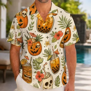 Pumpkin Skull Tropical Cocktails for Halloween Parties and Island Nightlife for Men Hawaiian Shirt