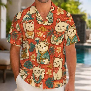 Lucky Cat Market Motifs For Tropical Vacations And Summer Festivals, Casual Men's Style Hawaiian Shirt