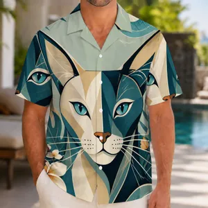 Geometric Teal Cat Portrait For Resort Evenings And Creative Streetwear For Men Hawaiian Shirt