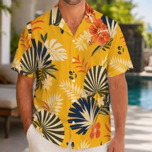 Mustard Tropical Leaves and Navy Blossoms for Men's Resort Parties and Summer Getaways Hawaiian Shirt