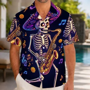 Neon Skeleton Saxophone Skull Jazz Scene For Festival Nights, Concerts, And Music Lovers Hawaiian Shirt
