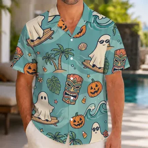 Ghost Surfing Pumpkin Beachwear for Halloween Vacations and Spooky Beach Parties, Men Hawaiian Shirt