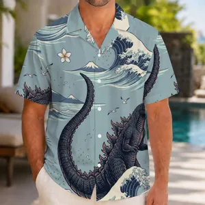 Giant Reptilian Sea Monster Wave Scene For Coastal Vacations And Island Getaways Hawaiian Shirt